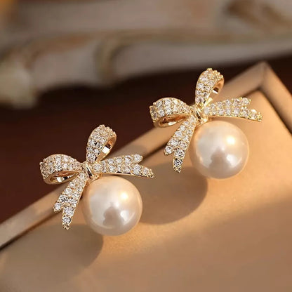 Gold Pearl Crystal Bow Earrings