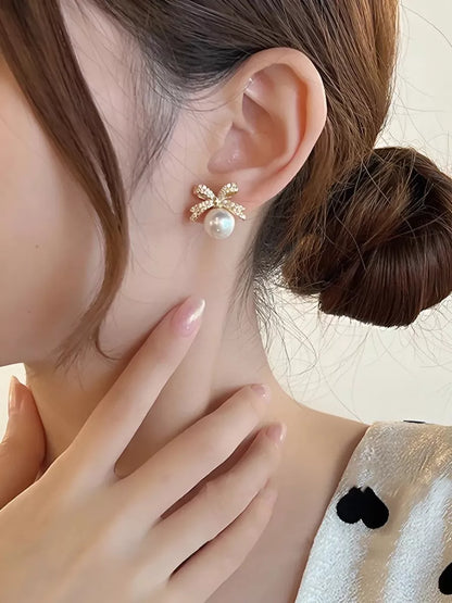 Gold Pearl Crystal Bow Earrings