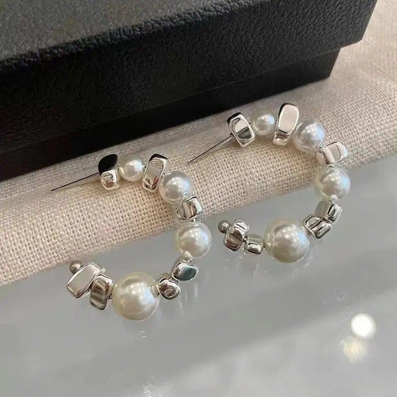 Silver Plated Pearl Hoop Earrings 1 Inch