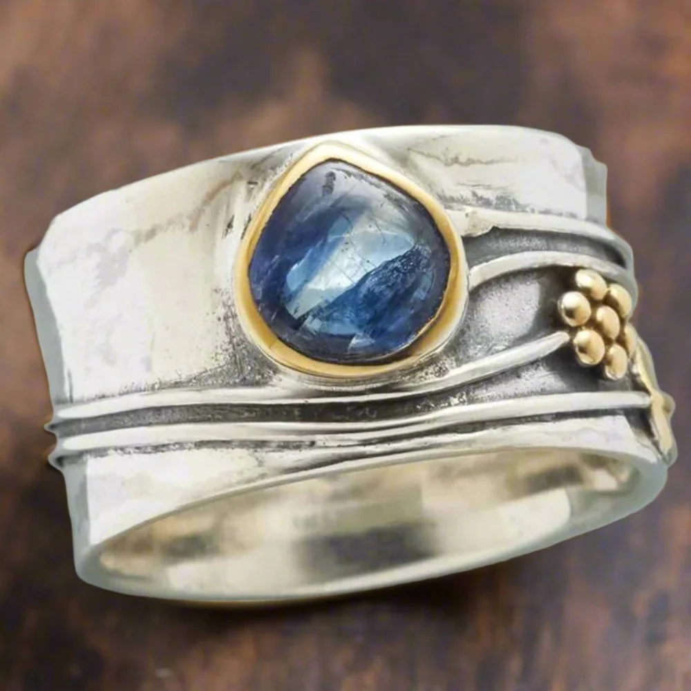 Anillo Piedra Azul Plata Dorado Bohemio